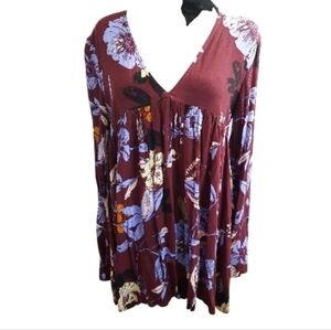 Free People Burgundy Floral V-Neck Tunic XS